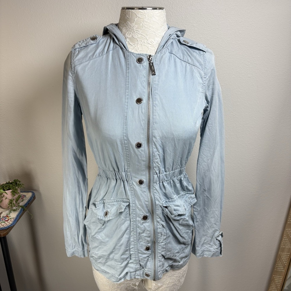 JouJou Womens L Light Blue Anorak Jacket Zip Hooded Lightweight Utility